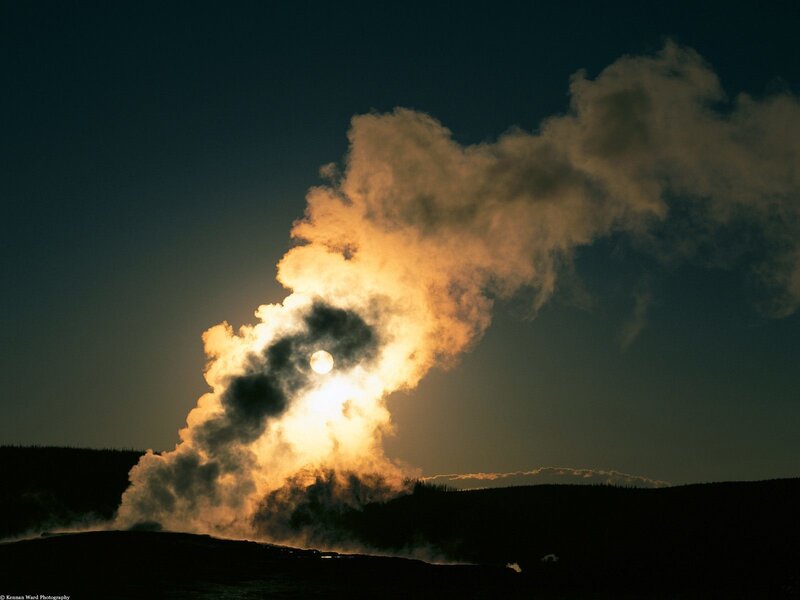 Geyser Erupting at Sunset — Black