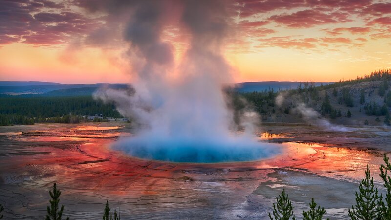 Geyser Erupting at Sunset — Blue, Dramatic, Photograph, Forest