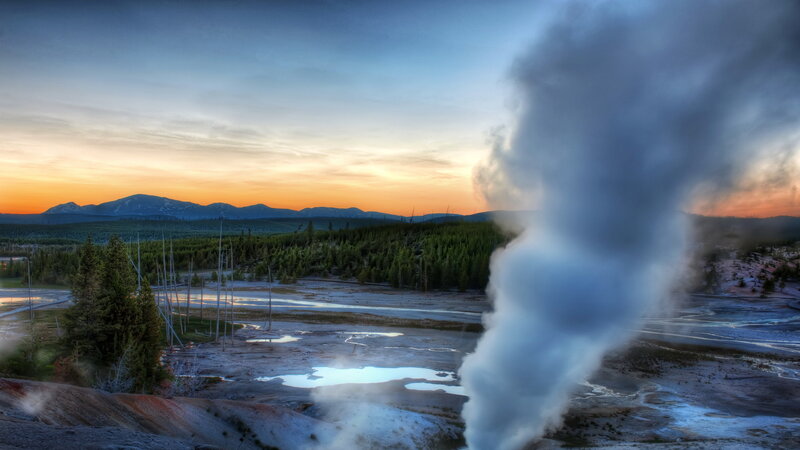 Geyser Erupting at Sunset — Blue
