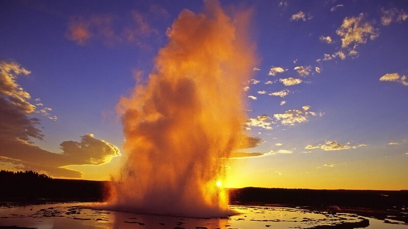 Geyser Erupting at Sunset — Orange, Dramatic, Photograph, Sky