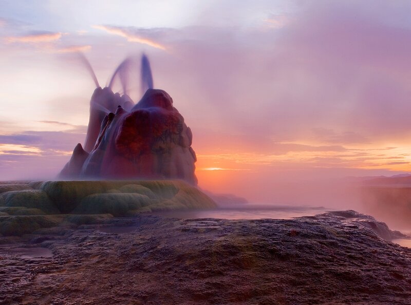 Geyser Erupting at Sunset — Purple, Dramatic, Photograph