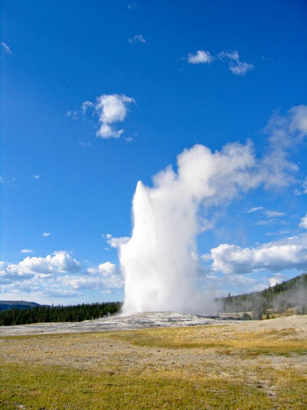 Geyser Erupting — Blue, Dramatic, Afternoon, Photograph, Clouds, Forest, Field