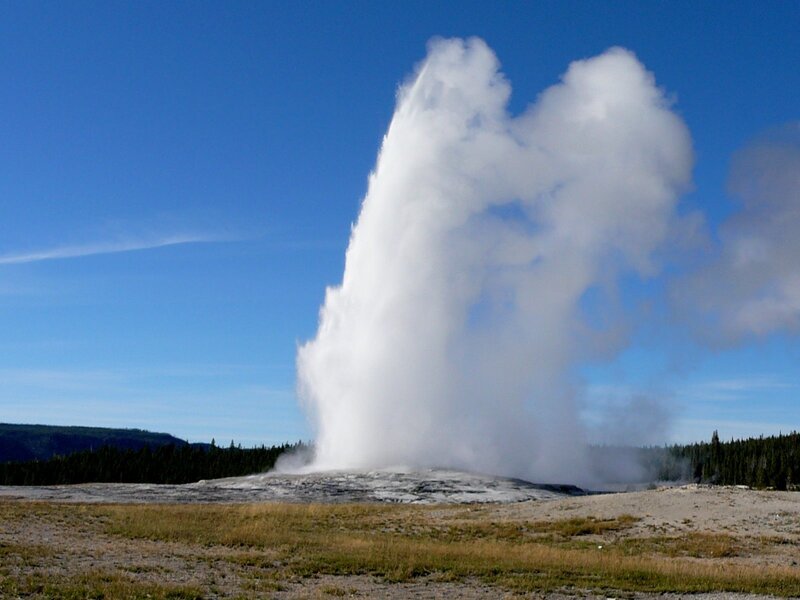 Geyser Erupting — Blue, Dramatic, Afternoon, Photograph, Clouds, Trees