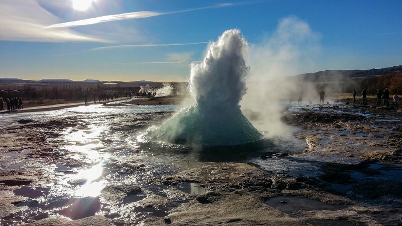 Geyser Erupting — Blue, Dramatic, Afternoon, Photograph, People