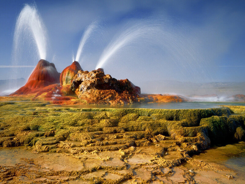 Geyser Erupting — Blue, Dramatic, Afternoon, Photograph, Rock Formations