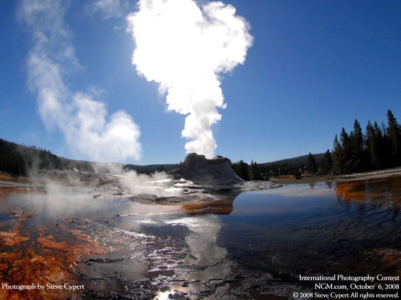 Geyser Erupting — Blue, Dramatic, Afternoon, Photograph, Steam, Trees, Pool