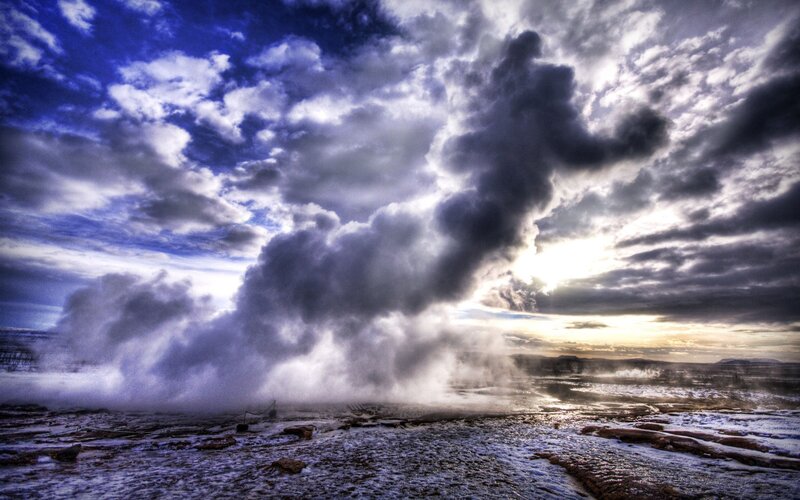 Geyser Erupting — Blue, Dramatic, Sunrise, Photograph, Clouds, Steam