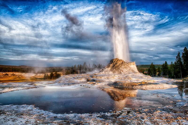 Geyser Erupting — Blue, Dramatic, Sunrise, Photograph