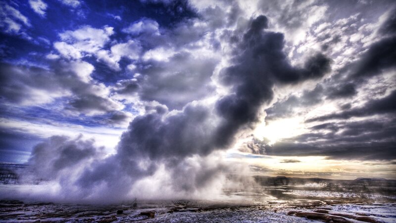 Geyser Erupting — Blue, Dramatic, Sunrise