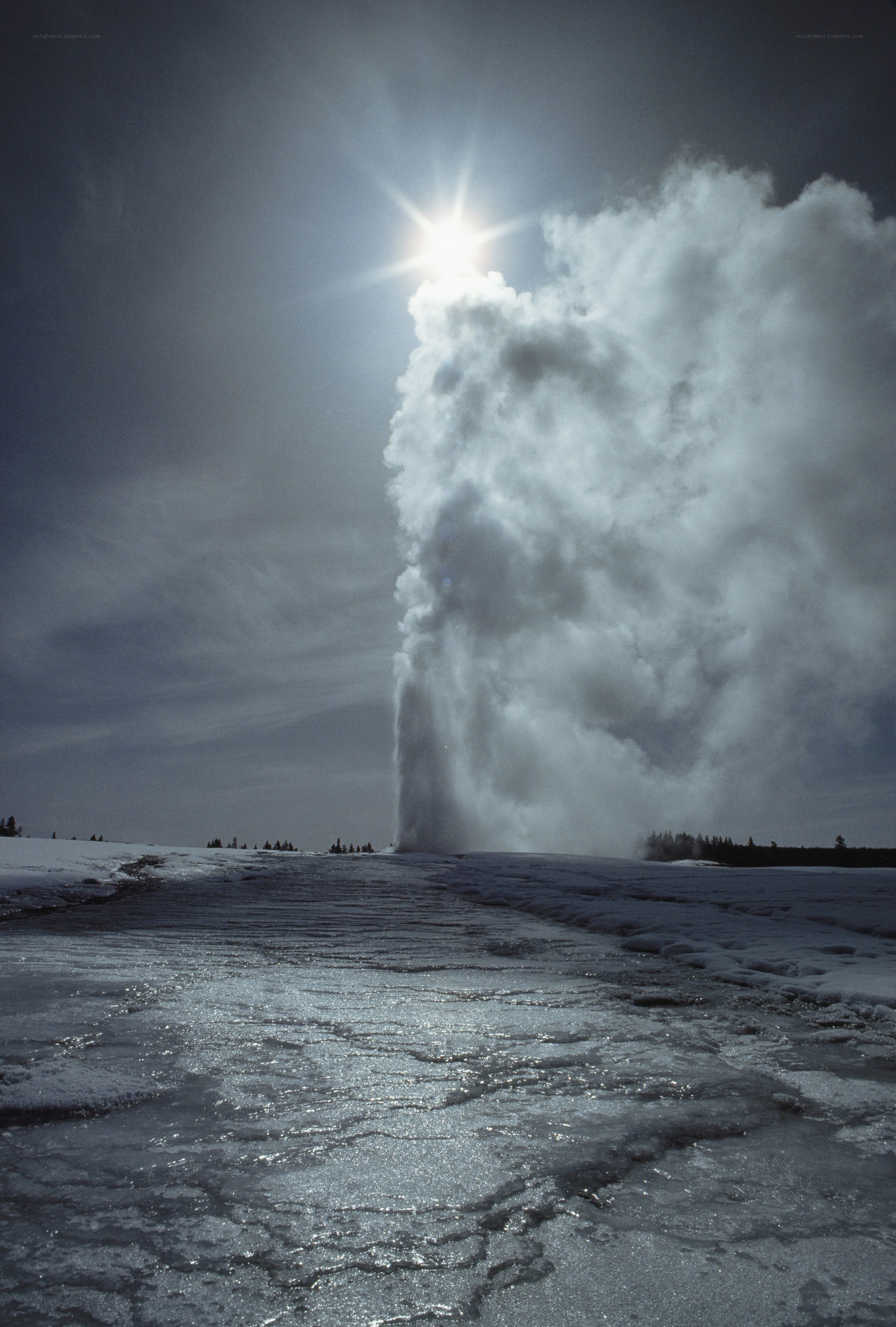 Geyser erupting in winter