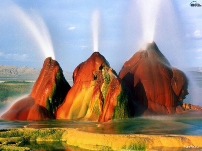 Geyser Formations — Red, Dramatic, Afternoon, Photograph, Mountains, Steam, Water