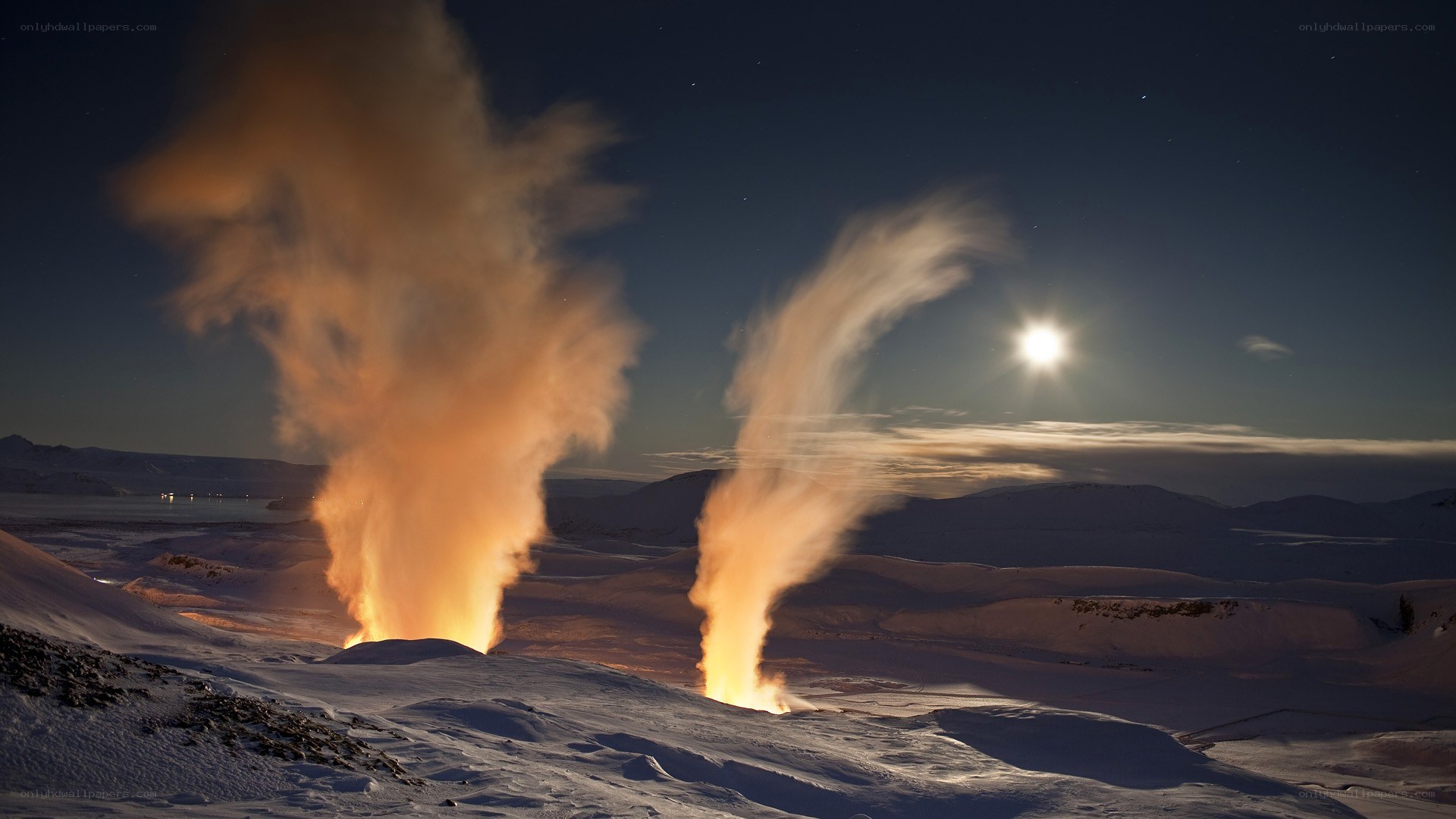 Geysers erupting in snow