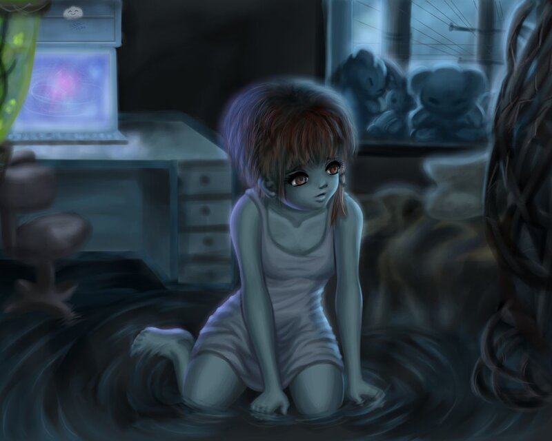 Ghost girl in a flooded room