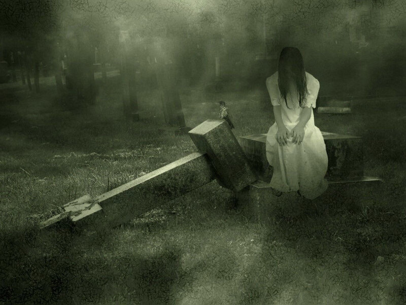 Ghost girl in a foggy graveyard
