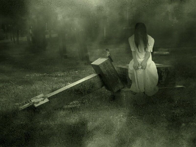 Ghost girl in a foggy graveyard