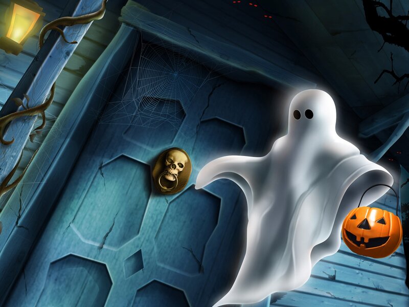 Ghost Holding Pumpkin — White, Creepy