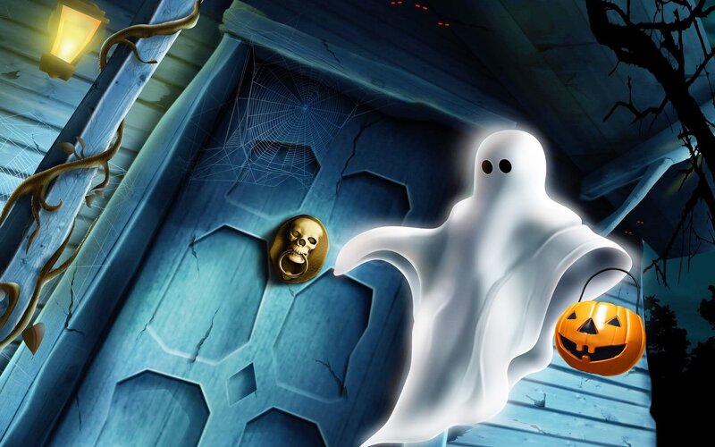 Ghost Holding Pumpkin — White, Spooky, Night