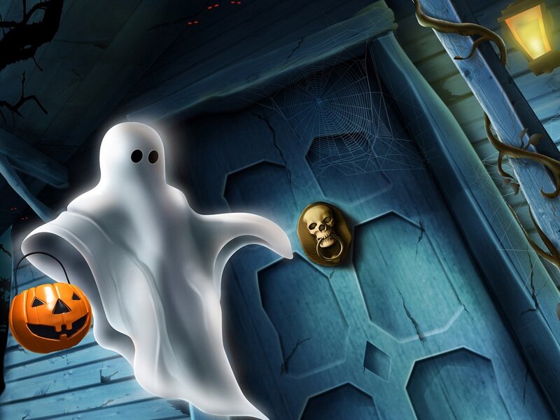 Ghost Holding Pumpkin — White, Spooky
