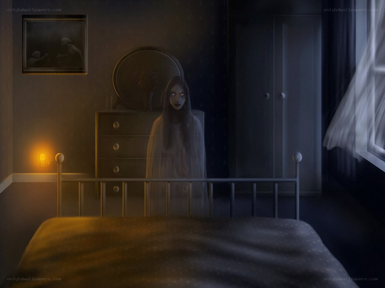 ghost in a dark bedroom