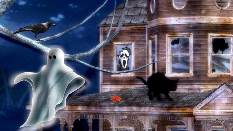 Ghost in Front of Haunted House