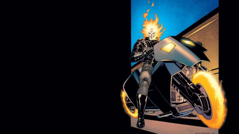 Ghost Rider on Motorcycle — Black, Dramatic, Comic, Flames, Skull, Blue