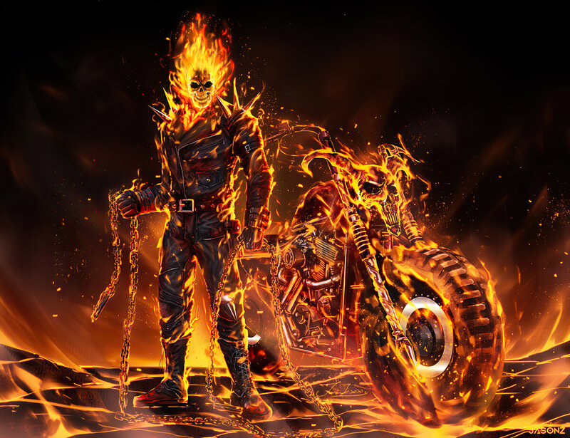 Ghost Rider on Motorcycle — Orange, Dramatic, Digital Art, Flames, Chains
