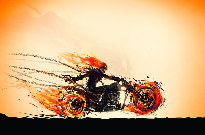 Ghost Rider on Motorcycle — Orange, Dramatic, Sunset