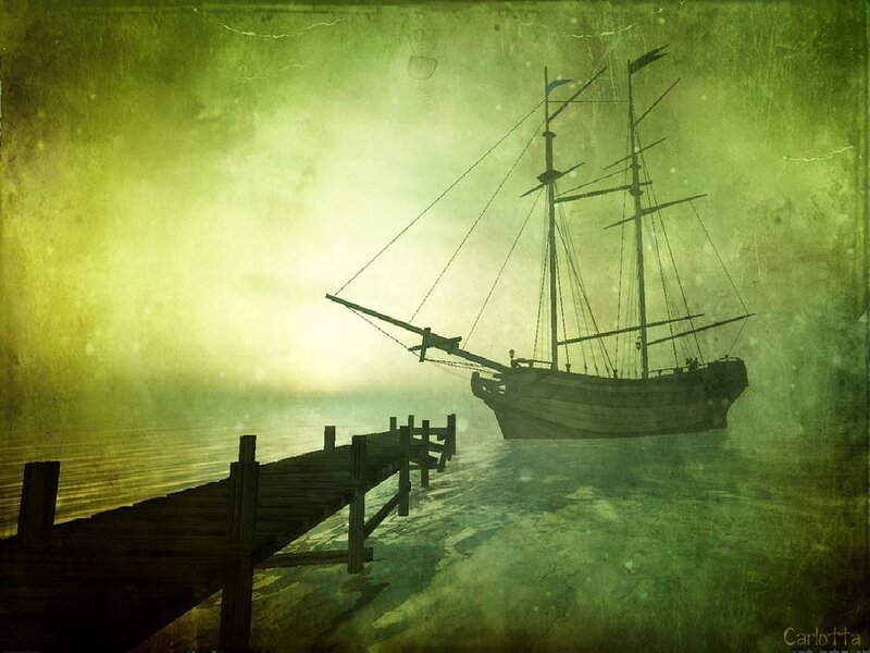 Ghost ship at a wooden pier