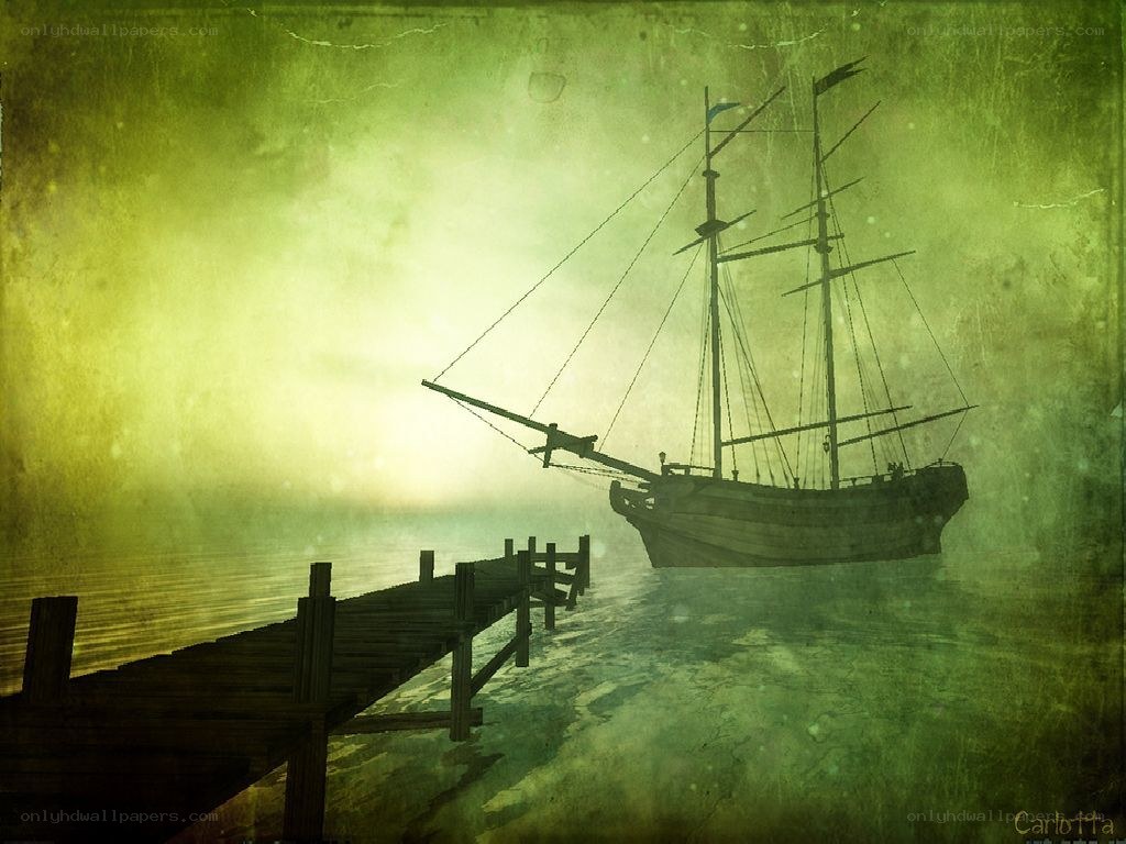 Ghost ship at a wooden pier