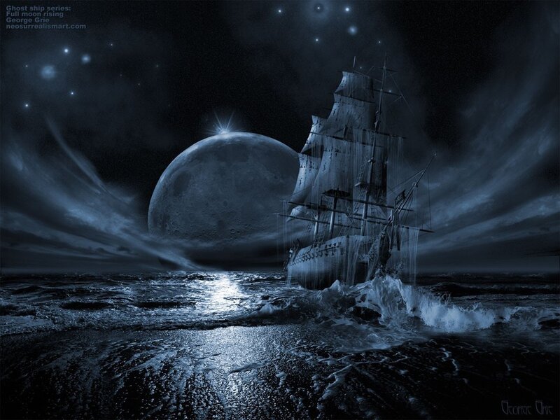 Ghost Ship at Sea — Blue, Dramatic, Night, Digital Art, Moon, Ocean
