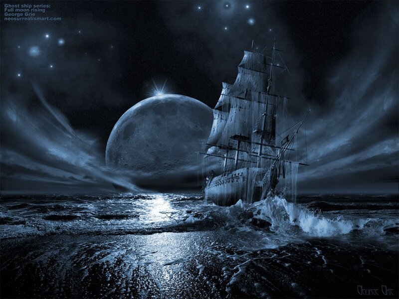 Ghost Ship at Sea — Blue, Dramatic, Night