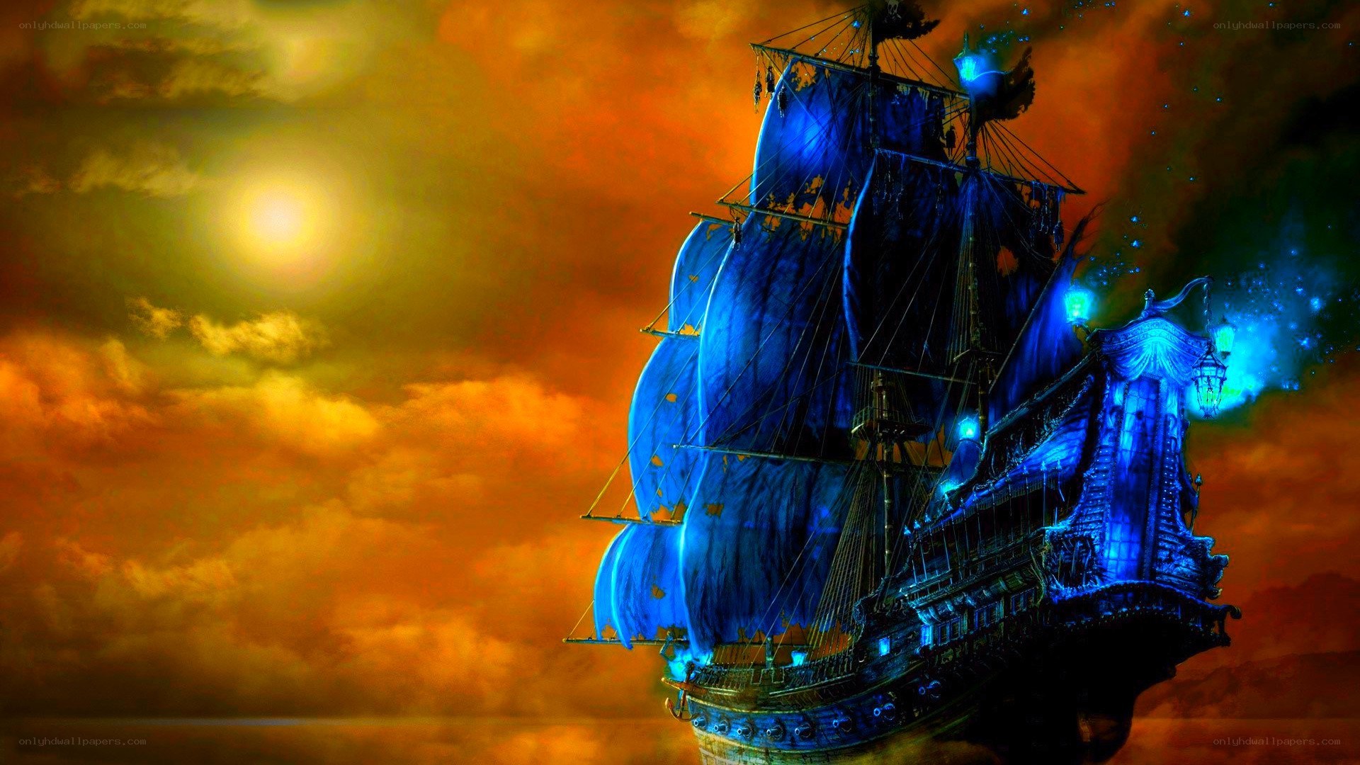 ghost ship at sunset
