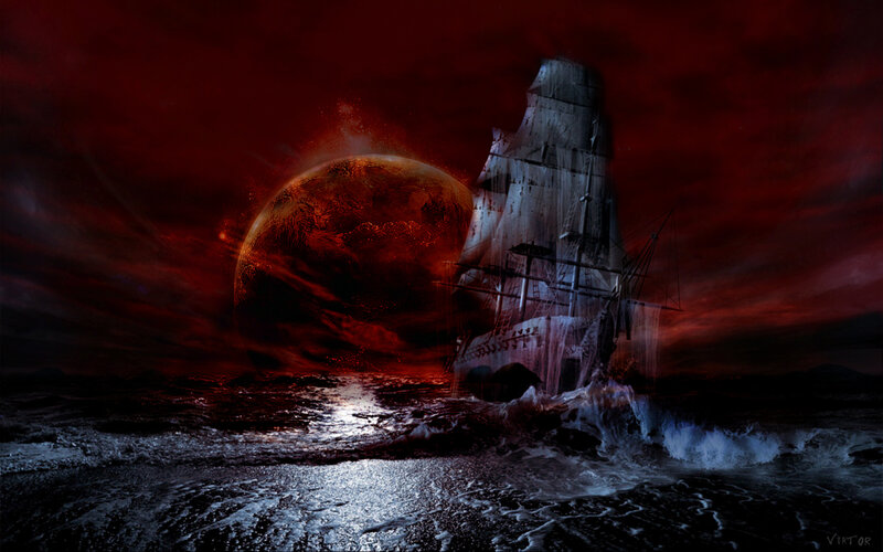 ghost ship in red storm
