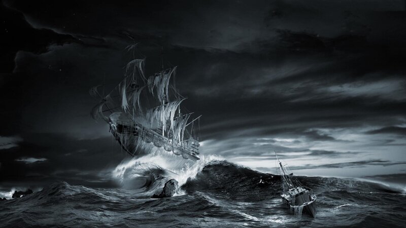 Ghost Ship in Storm — Black, Dramatic, Night
