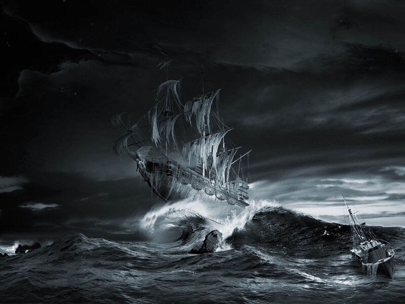 Ghost Ship in Storm — Black, Dramatic