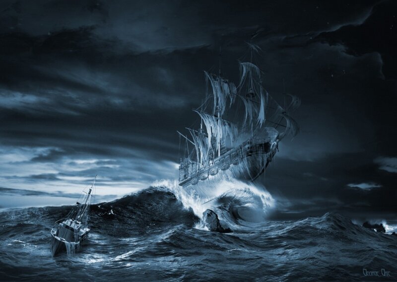 Ghost Ship in Storm — Blue, Dramatic, Night, Digital Art, Ocean