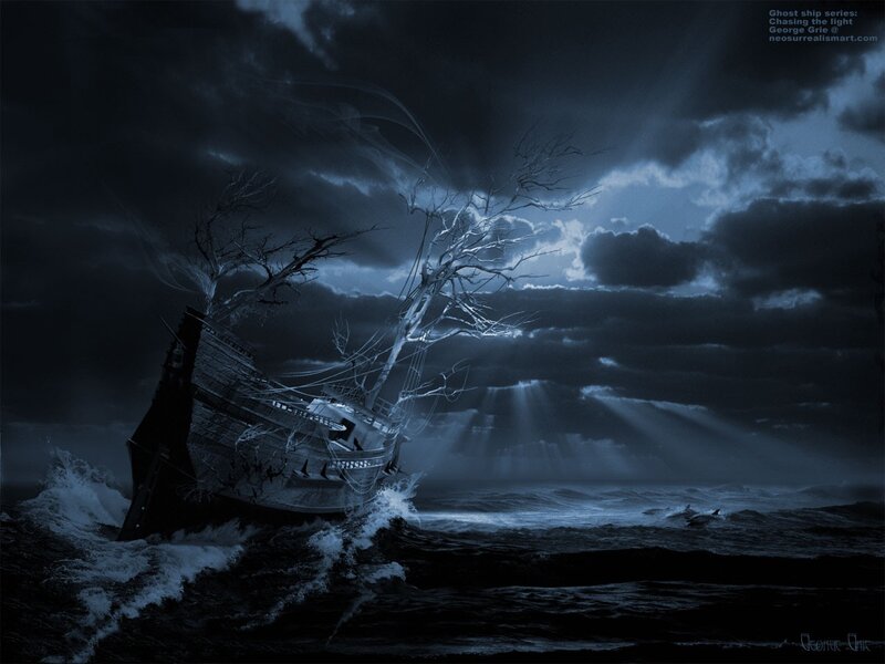 Ghost Ship in Storm — Blue, Dramatic, Night