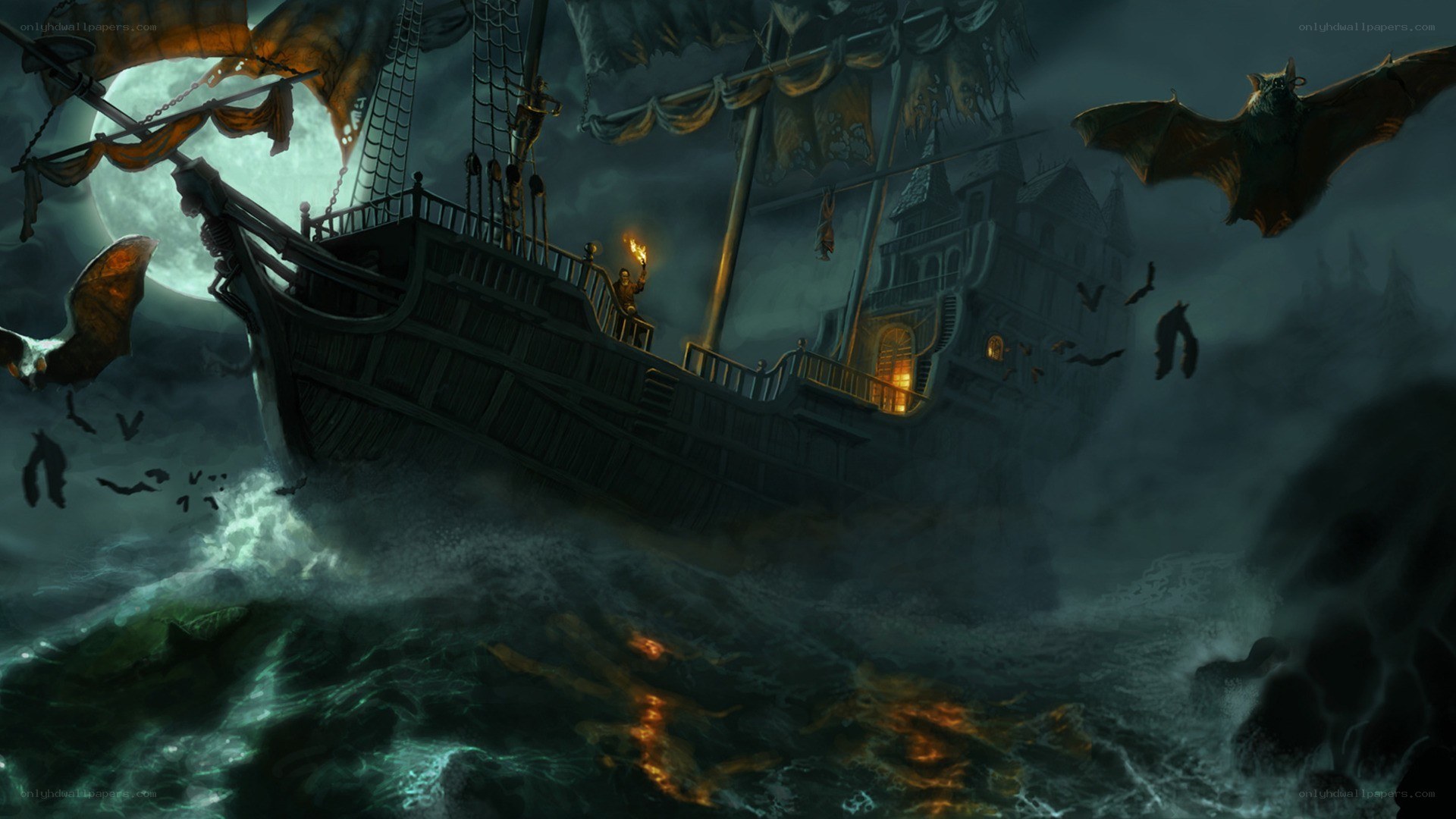 Ghost ship in stormy sea