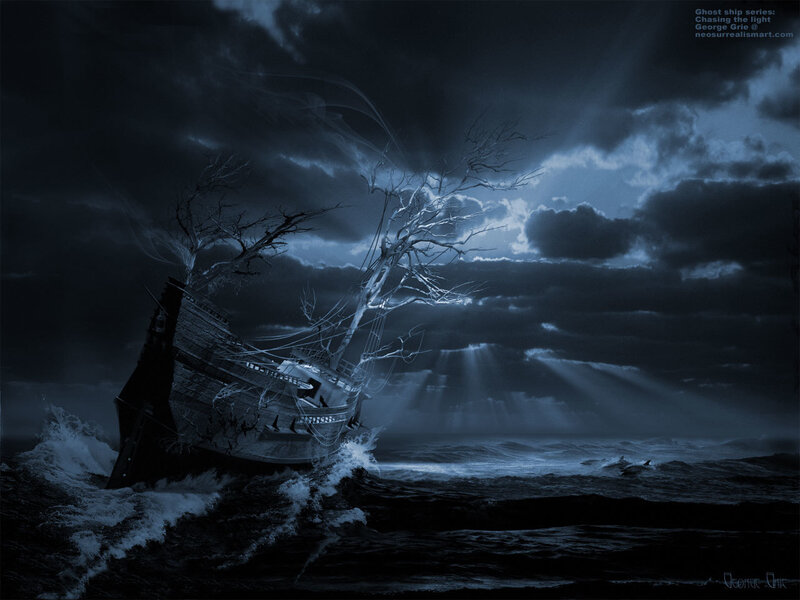 Ghost ship in stormy sea