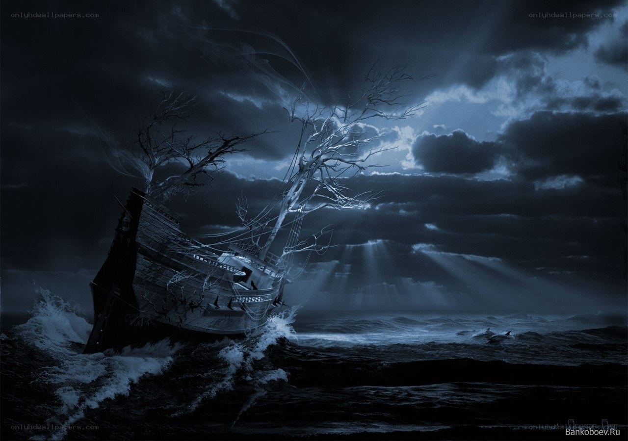 Ghost ship in stormy sea