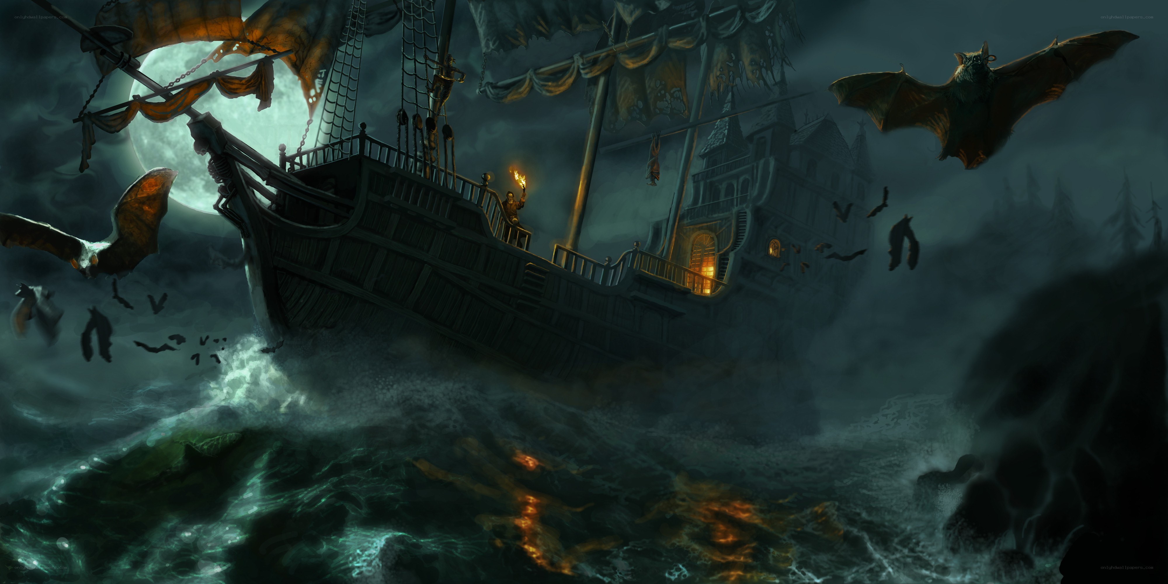 Ghost ship in stormy sea