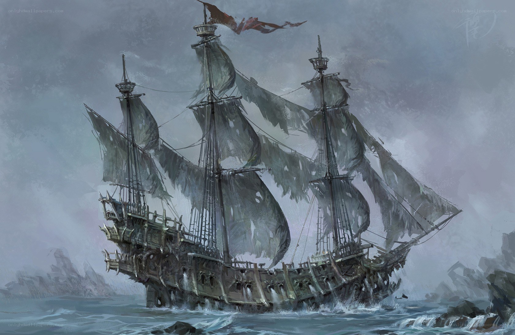 Ghost ship in stormy sea