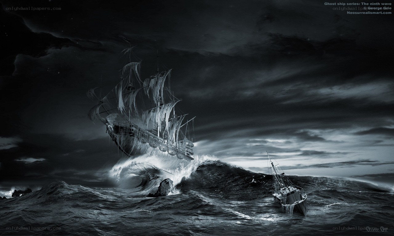 Ghost ship in stormy sea