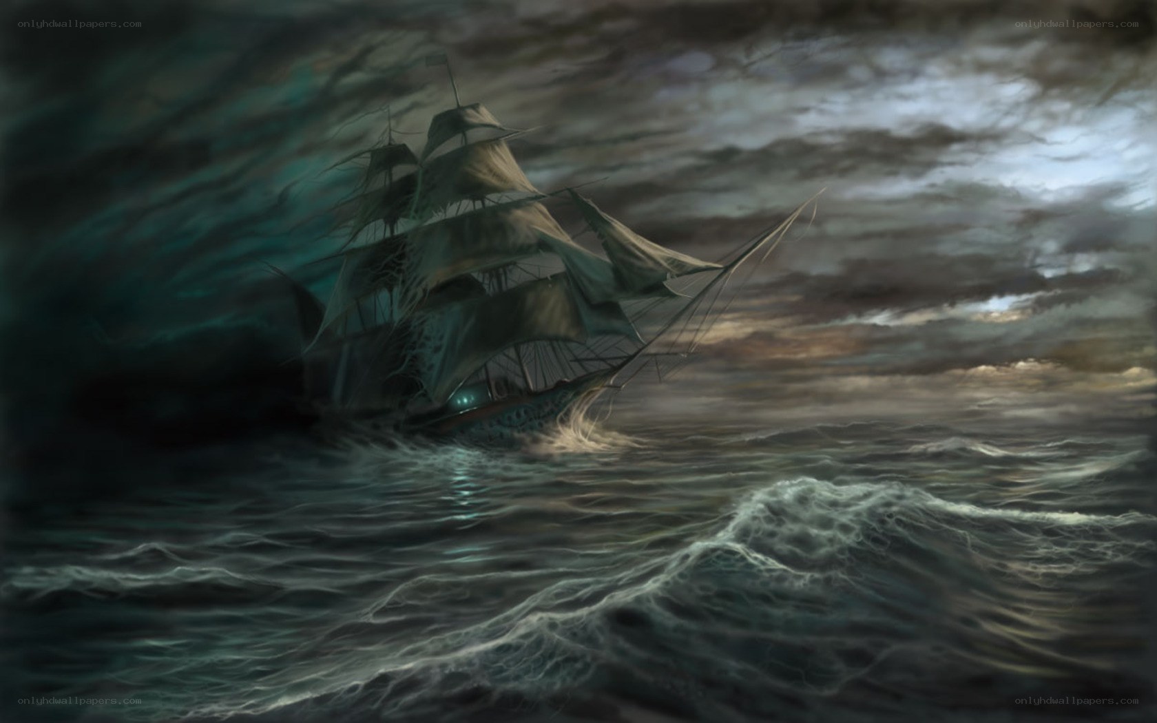 Ghost ship in stormy sea