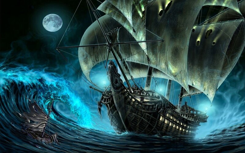 Ghost Ship in Stormy Sea — Blue