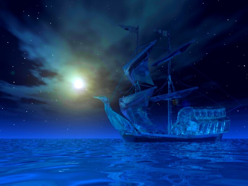 Ghost Ship on Ocean — Blue