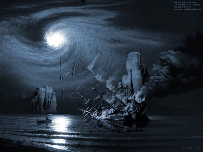 Ghost ship sinking at night