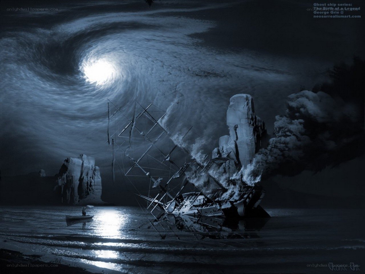Ghost ship sinking at night