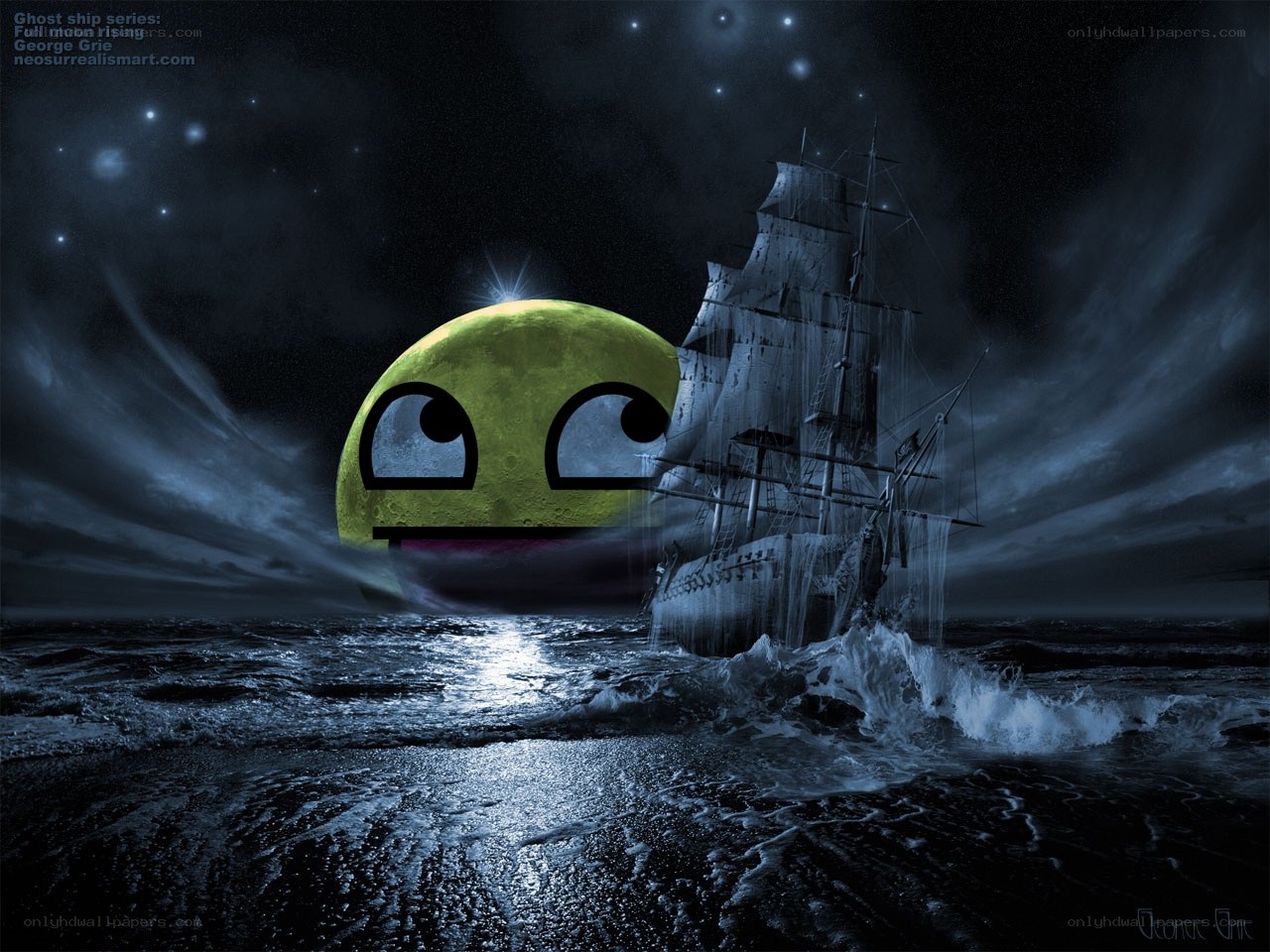 Ghost ship under full moon