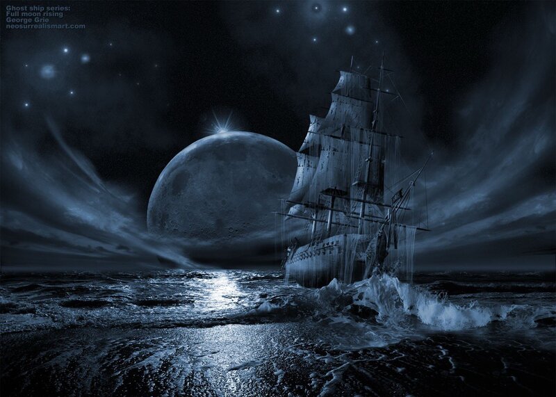 Ghost ship under full moon